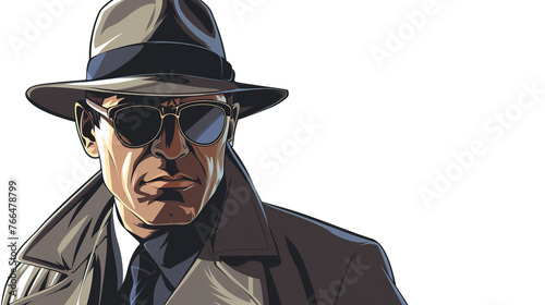 detective, secret agent, spy, gangster, mafia or villain isolated on clean background in comic style illustration.