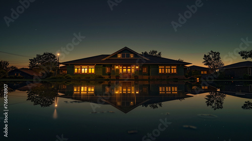 The quietude of a suburban night, a dark emerald Craftsman style house under a clear, vast sky, neighborhood at rest, peaceful and reflective
