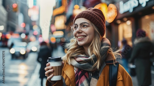 A smiling woman holding a cup of coffee while walking down a city street. © ProPhotos
