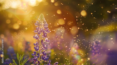 Blue lupine flowers in the field at sunset. Natural background. Bokeh effect. Floral background. © korkut82