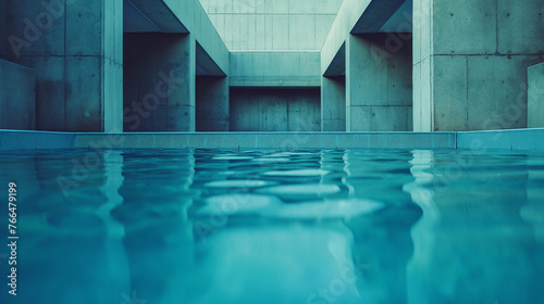 Arquitectura brutalista, minimalista, de hormigón visto con formas geométricas monocromáticas y piscina