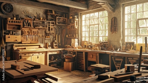 A workshop with wooden tables, shelves, and workbenches filled with various tools.