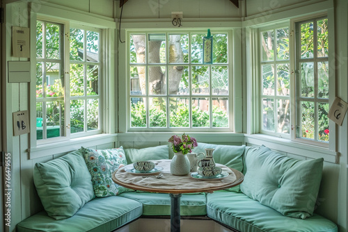A cozy breakfast nook in a suburban home with mint green cushions, surrounded by windows overlooking the garden with blank labels for copy space
