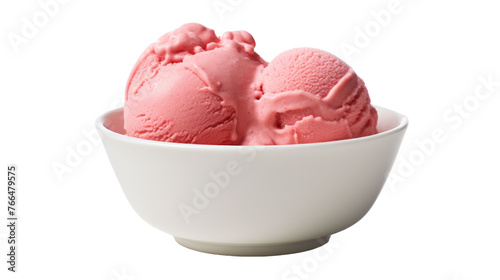 Two scoops of pink ice cream sit enticingly in a white bowl