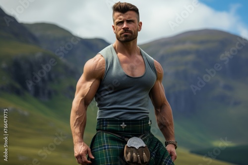 a brutal man in a T-shirt and a green kilt against the background of mountains.