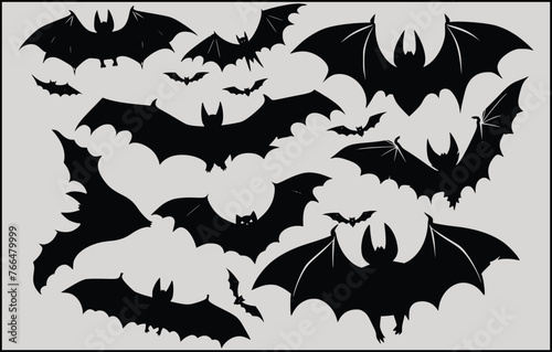 halloween bat set Bats horror set. Sticker with black mouse for Halloween decorations. Simple icon with animal from different sides flies  hangs  sleep. Cartoon flat vector collection isolated on whit