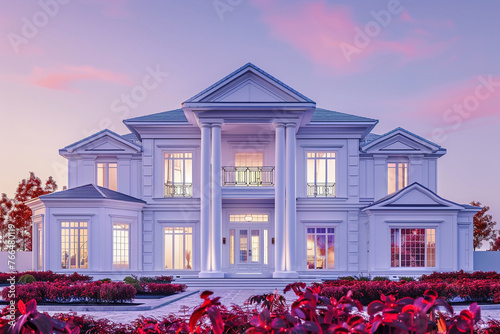 A grand, newly constructed suburban house with a pristine white exterior stands against a soft, pastel violet sky at dusk. The front yard is adorned with a variety of ruby-red flowering plants,  photo