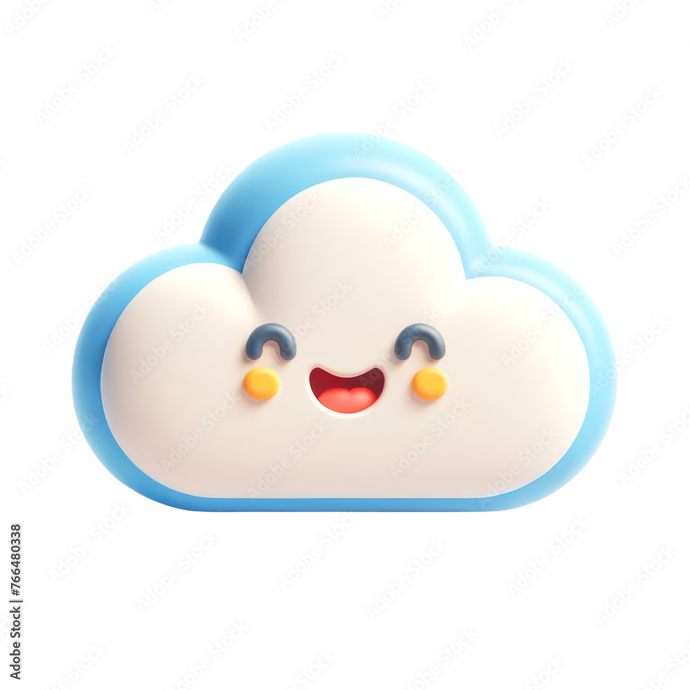 3d illustration of a cheerful cloud character with a big smile and rosy cheeks, outlined in blue.