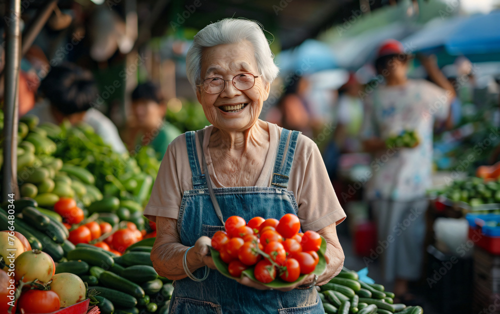 Cheerful elderly female vendor offering fresh tomatoes at outdoor market. Natural daylight photography. Organic farming and sustainable living concept. Suitable for advertising, editorial. Open air ma - obrazy, fototapety, plakaty 