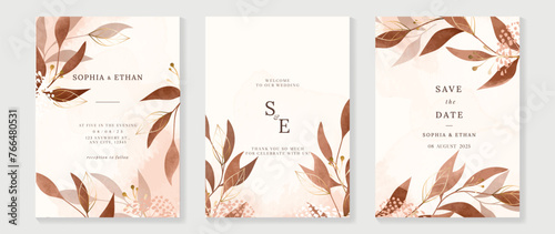Luxury fall wedding invitation card template vector. Watercolor card with flower, foliage, gold line art on brown background. Elegant autumn botanical design suitable for banner, cover, invitation.