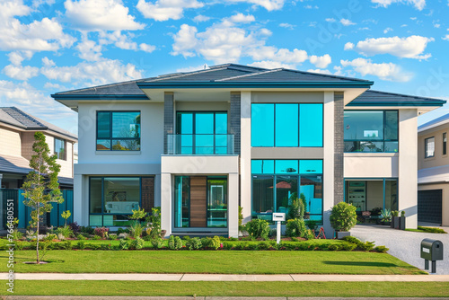A large suburban house with a contemporary design featuring expansive turquoise windows and a spacious front yard  surrounded by freshly landscaped gardens with blank labels for copy space
