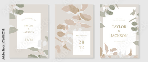 Luxury fall wedding invitation card template vector. Watercolor card with flower, foliage, gold foil line art on white and brown background. Elegant autumn botanical design suitable for banner, cover.