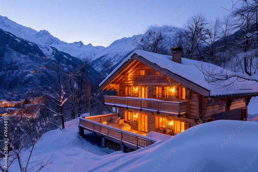 A chalet with cozy outdoor lighting in the mountains with an indigo twilight sky