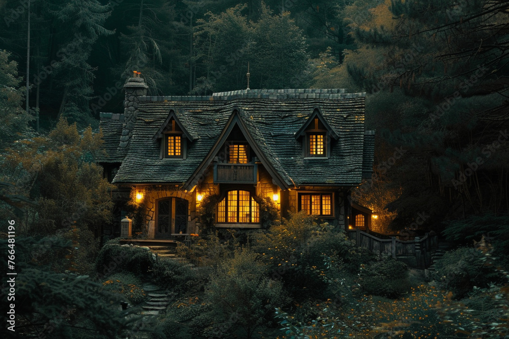 A charming abode lit by warm exterior lighting, set within a forest, under the enigmatic glow of a dark green night