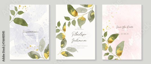 Luxury wedding invitation card template vector. Watercolor card with foliage, leaves branch gold texture on white background. Elegant spring botanical design suitable for banner, cover, invitation. © TWINS DESIGN STUDIO