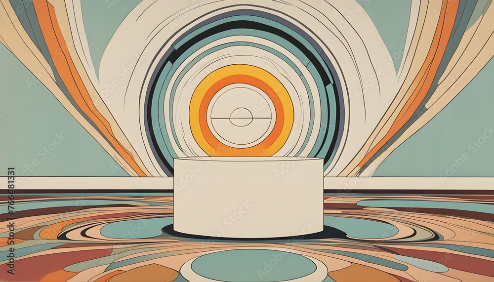 Obraz premium A vibrant, abstract art piece featuring a white podium against a backdrop of concentric circles and swirling patterns