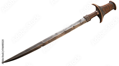 A wooden-handled sword on a white backdrop, standing tall and ready for battle