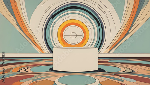 A vibrant, abstract art piece featuring a white podium against a backdrop of concentric circles and swirling patterns