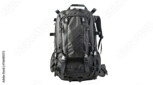 The back of a backpack featuring black straps against a neutral background