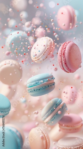Pastel macarons floating and separating into their colorful discs in a magical midair dance set against a soft, dreamy backdrop