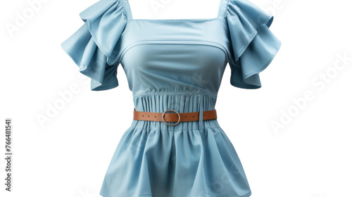 A woman exudes grace in a flowing blue dress complimented by a chic brown belt photo