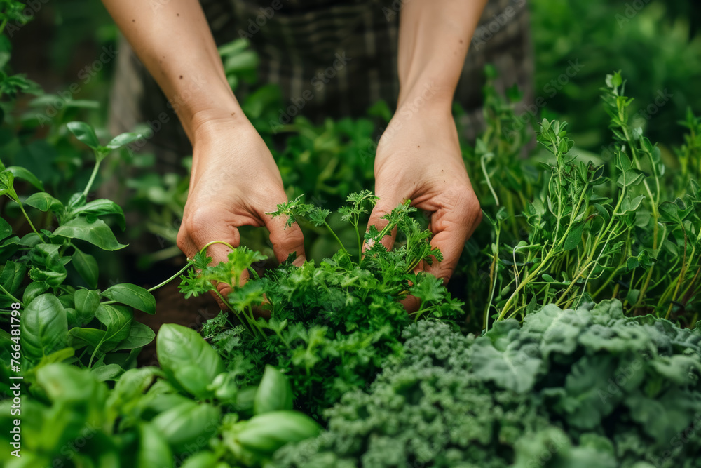Hands Tending a Lush Herb Garden