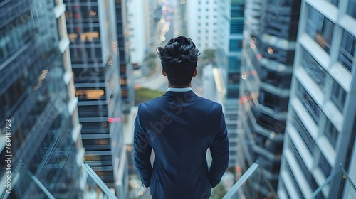 Thoughtful Young Businessman in a Perfect Tailored Suit Standing in His Modern Office Looking out of the Window on Big City in the Evening. Successful Finance Manager Planning AI Generated