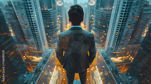 Thoughtful Young Businessman in a Perfect Tailored Suit Standing in His Modern Office Looking out of the Window on Big City in the Evening. Successful Finance Manager Planning Ai generated
