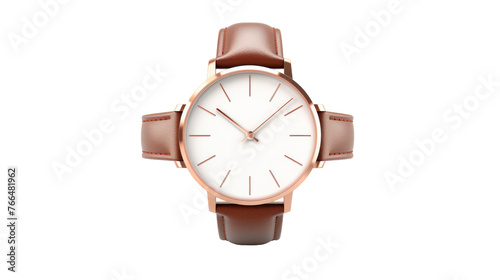 A brown and white watch elegantly sits on a white background