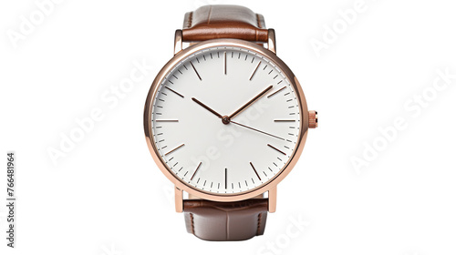 A watch with a brown strap and a white face, ticking elegantly on the wrist