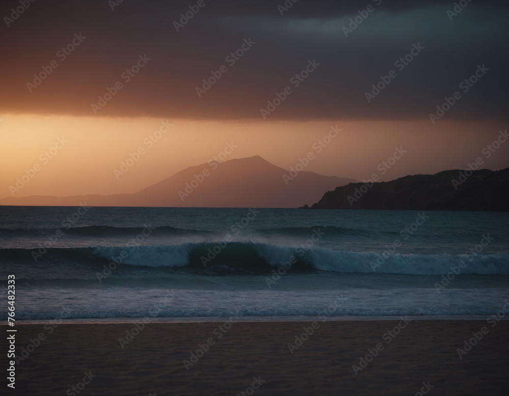 Serene Sunset Over Ocean with Silhouetted Mountains