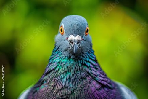 Portrait of urban gray pigeon on green blurred park background