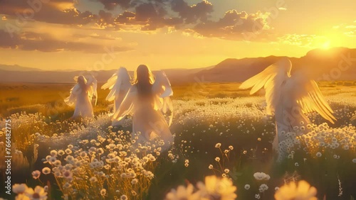 Dancing angels on a flower field, at sunset. Generative AI