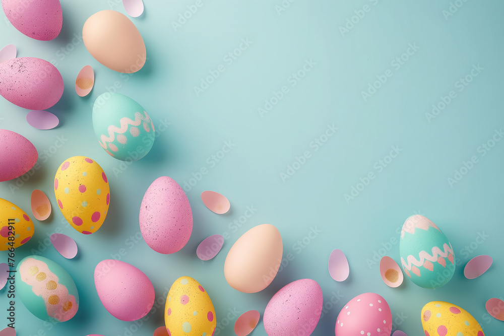 Easter eggs on blue pastel background - festive spring illustration.