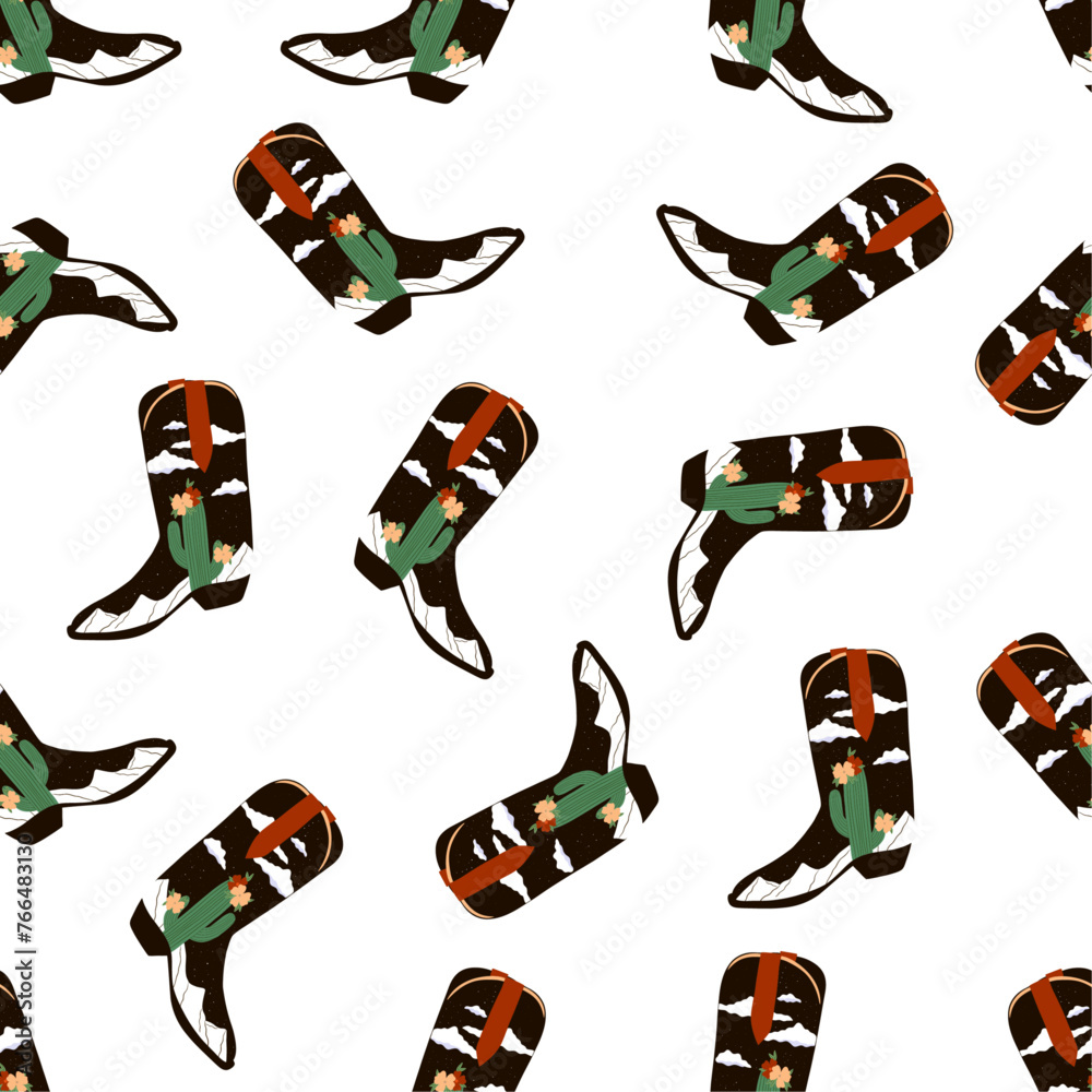 Seamless pattern with cowboy boots with desert print. Cowboy western and wild west theme. Hand drawn vector illustration Seamless pattern with cowboy boots with desert print. Cowboy western and wild west theme. Hand drawn vector illustration