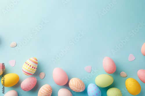 Easter eggs on blue pastel background - festive spring illustration.