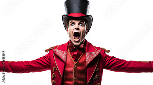 A man wearing a vibrant red suit and top hat, exuding mystique and charm photo