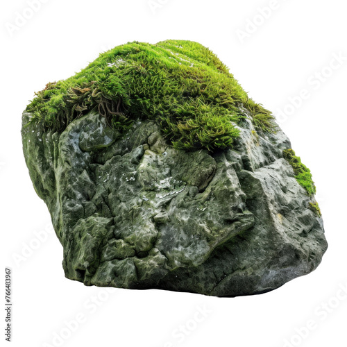 A large rock covered in green moss,isolated on white background or transparent background. png cut out or die-cut