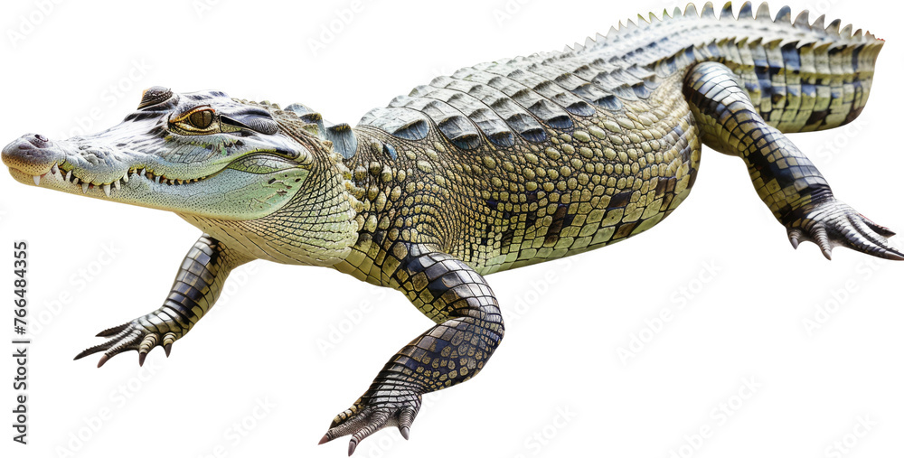 Young American alligator lounging isolated, cut out transparent
