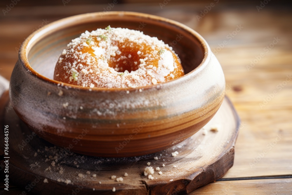 Tempting doughnut in a clay dish against a whitewashed wood background Tempting doughnut in a clay dish against a whitewashed wood background