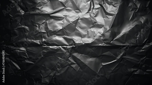 Heavy crumpled black paper texture in low light background