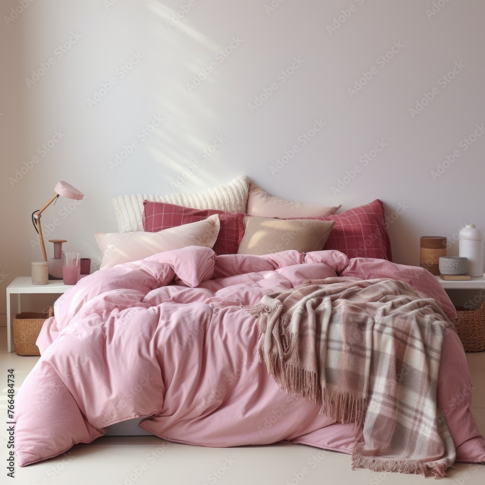A cozy pink and white bedroom with a large bed, pillows, and a blanket.