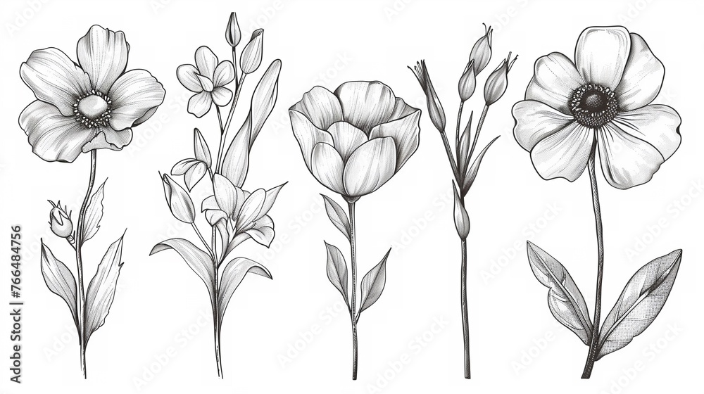 Artistry in Bloom The Elegance of HandDrawn Flora Icons in Classic Sketch Style,illustration ,clean sharp focus