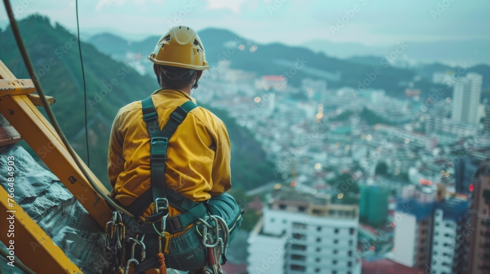 A man in safety gear on top of a building, perfect for construction industry projects