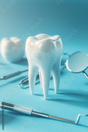 Image of tooth and dental tools on blue surface. Suitable for dental clinic advertisements