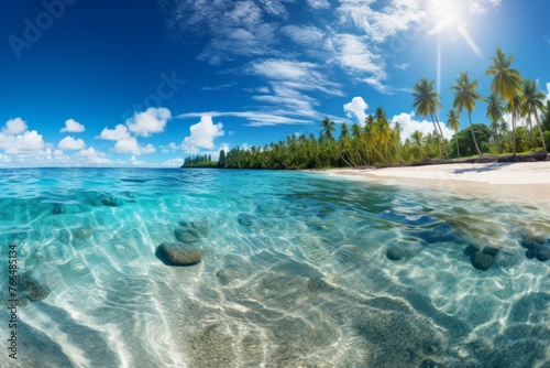 The beach is beautiful with clear water and blue sky