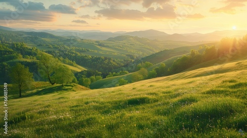 Beautiful sunset scene over a lush green valley. Ideal for nature and landscape concepts photo