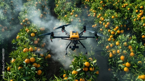 An agricultural drone from above working over orange trees field, Fumigating spreading steam. photo