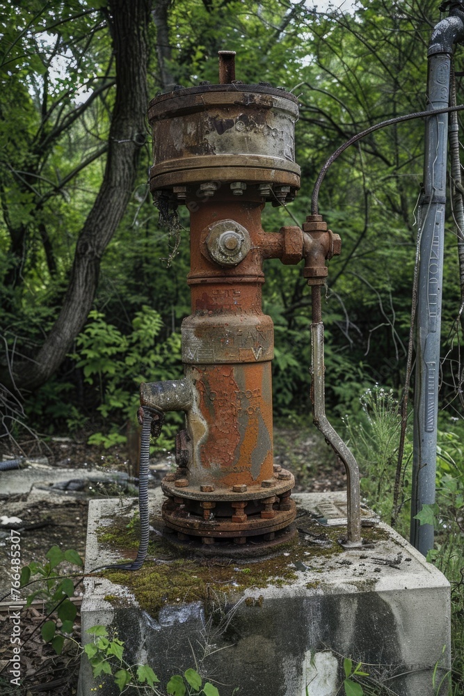 An old fire hydrant rusting on a cement block. Suitable for industrial or urban concepts An old fire hydrant rusting on a cement block. Suitable for industrial or urban concepts