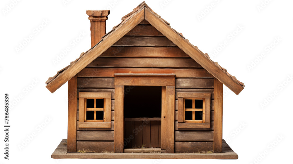 A charming small wooden house with a chimney and windows nestled in a serene forest setting A charming small wooden house with a chimney and windows nestled in a serene forest setting